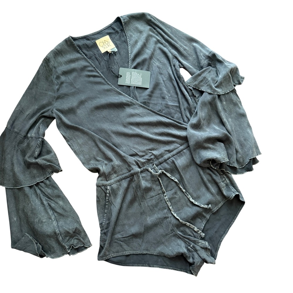 NWT Chaser Womens M Tiered Bell Sleeve Wrap Romper Black Boho Festival Goth